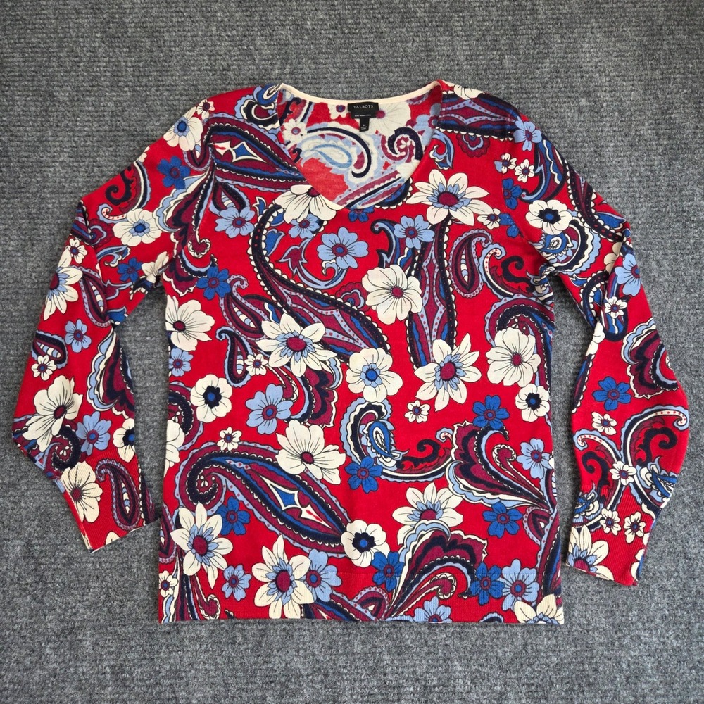 Talbots Pure Merino Wool Paisley Floral V-Neck Sweater Red Blue Womens Size M